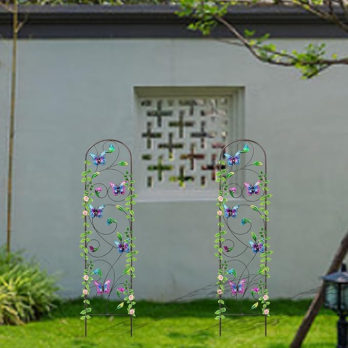 WAIU 2 Pack Butterfly Metal Garden Trellis for Climbing Plants Decorative Outdoor Trellis for Flowers Rustic Garden Decor for Patio Lawn Yard Backyard