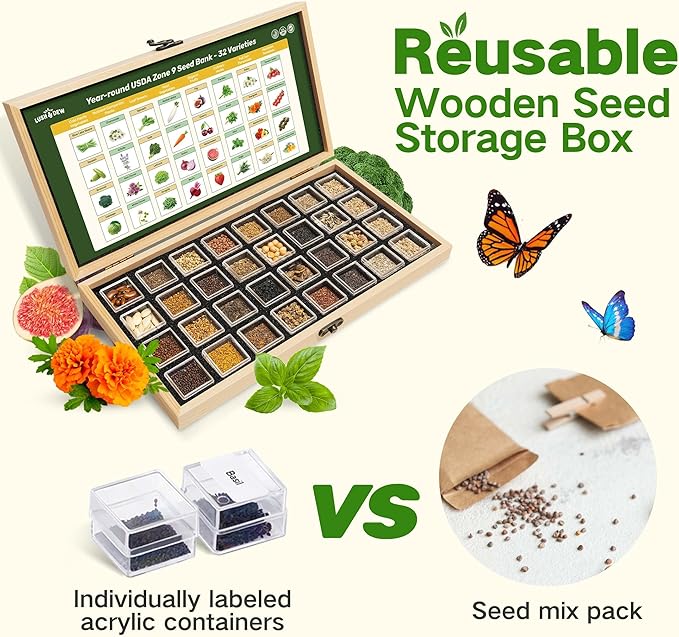 Lush&ampDew Year-Round USDA Zone 9 Seed Bank Gardening Gifts for Women Men 32 Varieties Non-GMO Heirloom Seeds of Vegetables Herbs Fruits Gift for Mom Dad Survival Seed Kit for Raised Garden Beds
