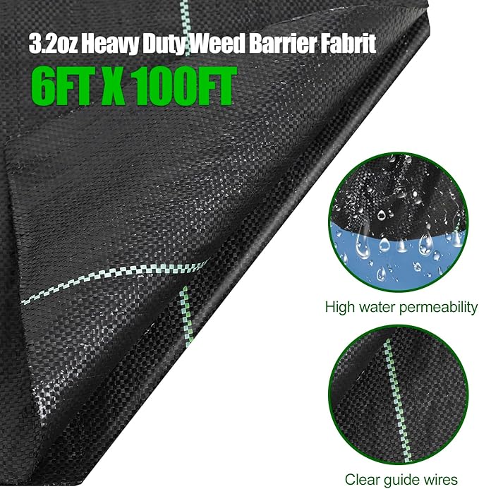 6ft x100ft Black Weed Barrier Landscape Fabric Heavy Duty 3.2OZ French Drain Fabric Ground Cover Weed Cloth for Erosion ControlOutdoor Gardening Weed Control Mat