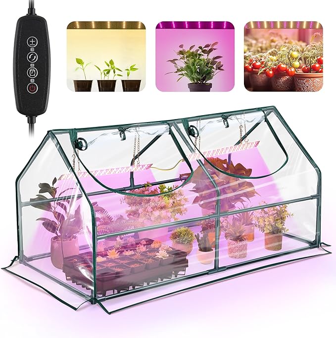 Meonum Mini Greenhouse with Grow Light 47.2 L x 23.6 L x 23.6 W Portable Greenhouses Waterproof UV-Resistant for Indoor/Outdoor Seed Starting (House Shape)