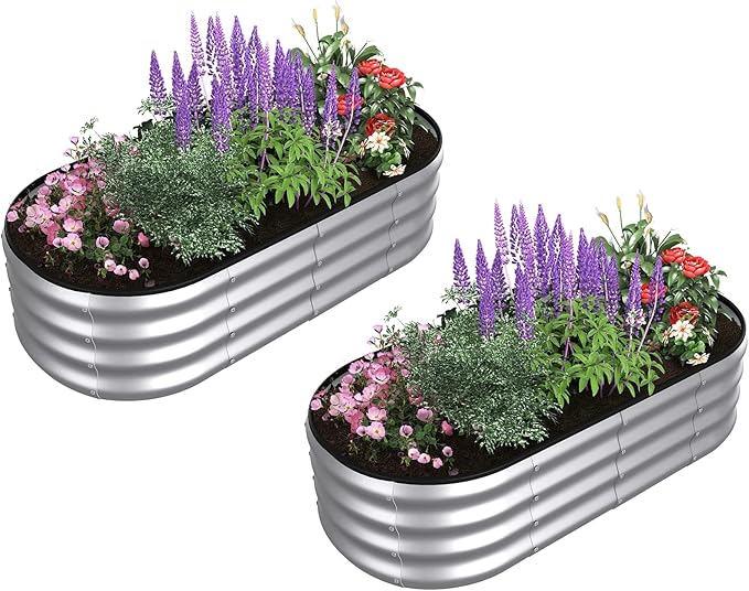 4x2x1 ft Oval Galvanized Metal Raised Garden Beds Thickened Rust-Proof Flower Beds Outdoor Plant Planter Boxes(Silver 1PC)