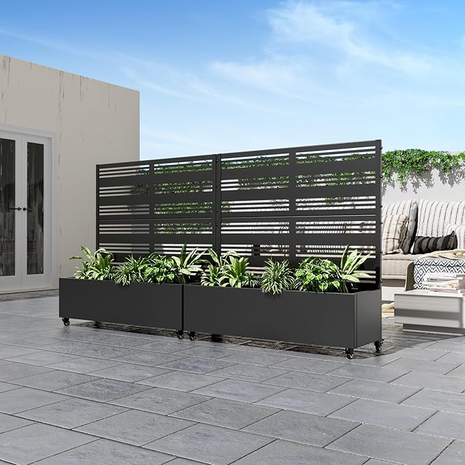 Casaphoria Raised Garden Bed Metal Planter Box with Trellis 47x47x16 for Outdoor Climbing Plants Flowers Vegetables and Vines Privacy Screen with Wheels and Drainage Holes(Black Louvered)