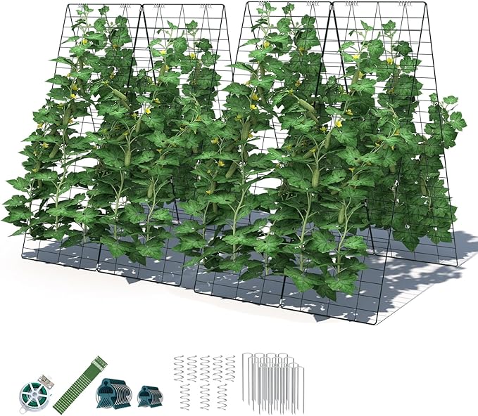 Cucumber Trellis 8-Panel Metal Plant Support w/Rustproof PP-Coated A-Frame Clips Stakes Spiral Connectors Cable Tie &amp Twist Tie Garden Trellis for Climbing Plants Outdoor Raised Bed