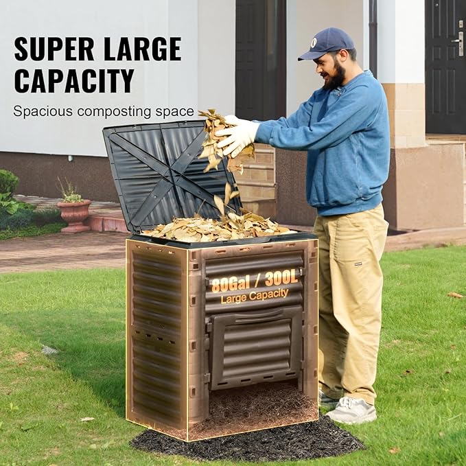 VEVOR Garden Compost Bin 80 Gallon BPA Free Composter Large Capacity Outdoor Composting Bin with Top Lid and Bottom Door Easy Assembling Lightweight Fast Creation of Fertile Soil