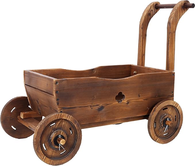 Wooden Wagon Planter Box Mobile Garden Planter with 4 Wheels Handle Drain Hole Decorative Flower Planter for Indoor Outdoor Decor Wooden Flower Cart for Patio Garden Balcony Brown
