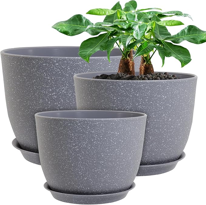 12/10/9 Large Modern Plant Pots Plastic Planters with Drainage Holes and Saucers for Indoor Outdoor Plants Flowers Grey Speckles
