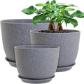 12/10/9 Large Modern Plant Pots Plastic Planters with Drainage Holes and Saucers for Indoor Outdoor Plants Flowers Grey Speckles