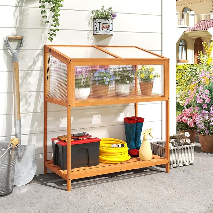 Wood Cold Frame Greenhouse Portable Raised Planter Bed Protection with Transparent Flip-top Roof Small Hot House for Balcony Garden Sunroom Indoor Outdoor (36”x20”x42”)