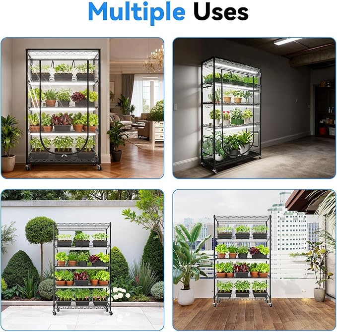 JESLED Indoor Greenhouse with Grow Light 3FT Full Spectrum 5000K LED Light for Seed Starting Tiered Lighting Control Built-in Timer &amp Thermo-Hygrometer Rolling Metal Plant Stand (35.4x13.8x70I