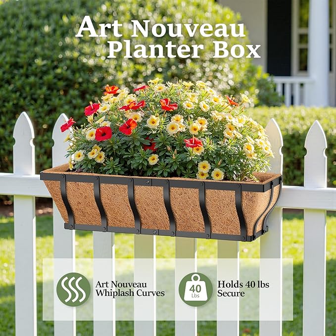 Railing Planter Boxes Heavy Duty Window Box Planters Adjustable Balcony Planters for Railing Hanging with Coco Liner &amp Support Rod for Deck Porch and Patio Gardening (2 Pack 24 Inch)
