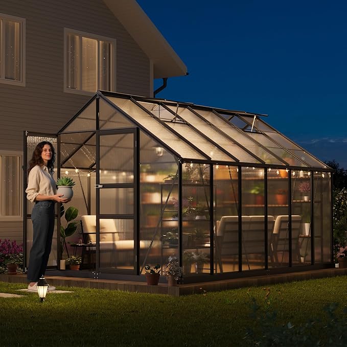 8x12 FT Polycarbonate GreenhouseLarge Walk-in SturdyOutdoor Aluminum Frame Greenhouse with Roof Vent Lockable Push Doorfor Garden Backyard Patio &amp Lawn(Black)