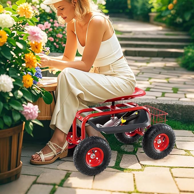 Giantex Garden Workseat 360 Swivel Rolling Seat with Wheels Tools Basket Gardening Cart with Seat Adjustable Height Wagon Scooter for Patio Lawn Yard Outdoor Steerable Stool (Red)