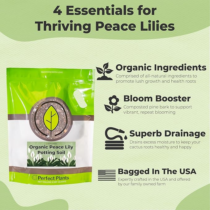 Organic Peace Lily Potting Soil by Perfect Plants | Organic Premium Mix | Use with Peace Lily Pothos or Other House Plants (8qt)