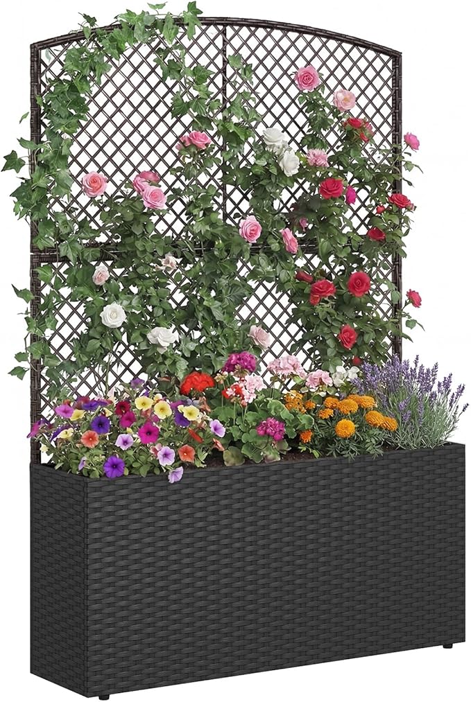 Byroce Raised Garden Bed PE Rattan Planter Box with Lattice Trellis Liner &amp Drainage Outdoor Standing Privacy Planter for Patio Balcony Climbing Plants &amp Hanging Flower (1 Black 40” x 11”