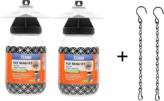 Plexon Fly Trap Bundle Compatible with TERRO Fly Magnet Reusable Fly Trap Includes Fly Bait and 9.5 Heavy Duty Hanging Chain (2 Traps)