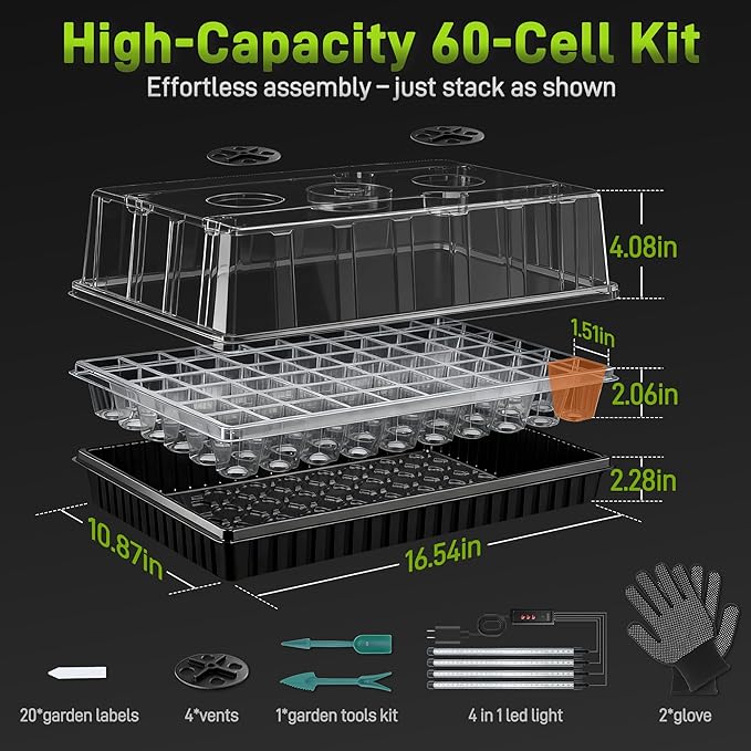 120-Cell Seed Starter Tray with Grow Light Seedling Starter Trays with 4.08 Humidity Dome Self-Watering Plant Germination TraysSeed Starter Kit for Seeds Growing (Black)