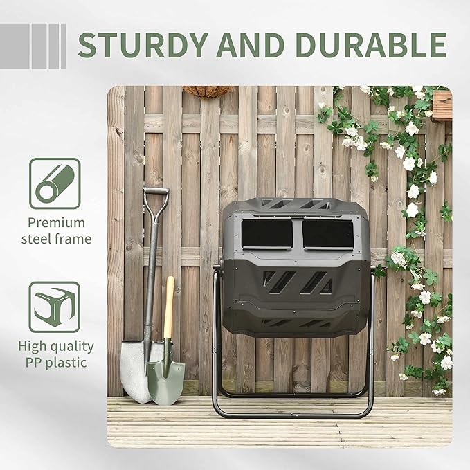 Compost Bin Outdoor 43 Gallon Dual Chamber Tumbling Composting with Sliding Doors Large Compost Tumbler Compost Bin for Garden Kitchen and Yard Waste Black+Green