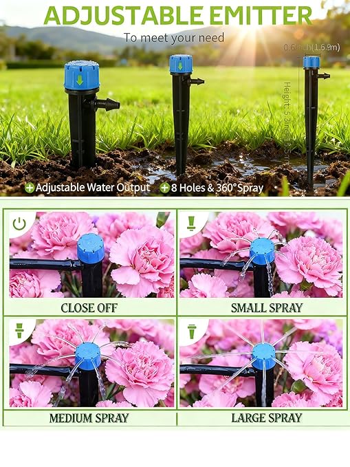 98.4ft Drip Irrigation System Garden Watering Kit with Heavy Duty Solid Brass Splitter 1/4 Tubing Adjustable Emitters DIY Automatic Irrigation for Patio Greenhouse Flower Bed