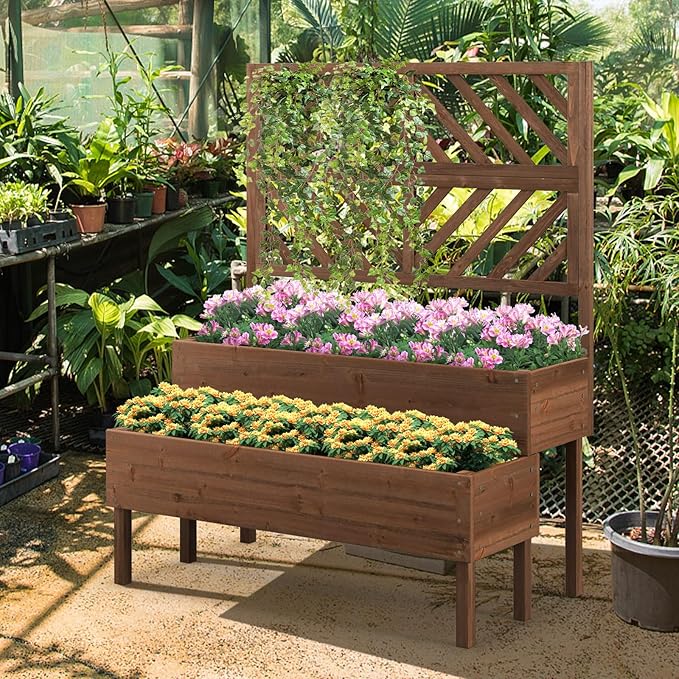 LDAILY Raised Garden Bed with Trellis &amp 2 Planter Boxes 2-Tier Wooden Raised Bed with Bottom Elevated Legs &amp 10 Drainage Holes Gardening Planter Box for Flowers/Vegetables/Fruits in Backyar