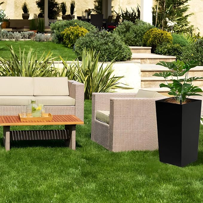 Set of 2 Large Tall Planter for Indoor or Outdoor 22 Flower Pots Tapered Tall Planters with Tray for Porch Patio Backyard Large Planters for Plants with Visual Water Level Dual Buckle Tray Black
