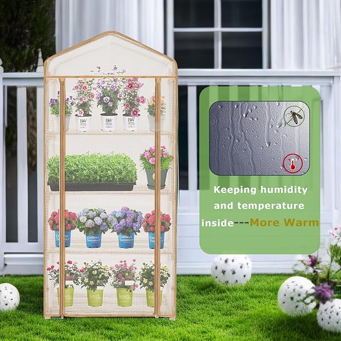 4-Tier Mini Greenhouse – Indoor or Outdoor Gardening Hot House with PE Zippered Cover and Metal Shelves for Growing Vegetables Flowers and Seedlings 63'' H x 27'' L x 19'' W (PLGH704OWW)
