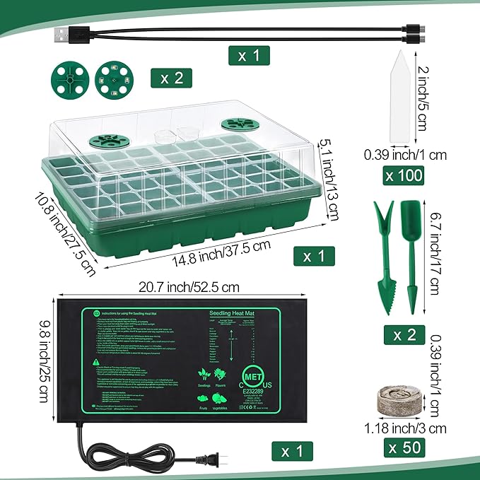 Seed Starter Kit with Grow Light Seedling Heat Mat 48 Cells Seed Starter Tray with Humidity Dome and Base Germination Trays Plastic Growing Trays Plant Propagation Kit for Seed Starting Green