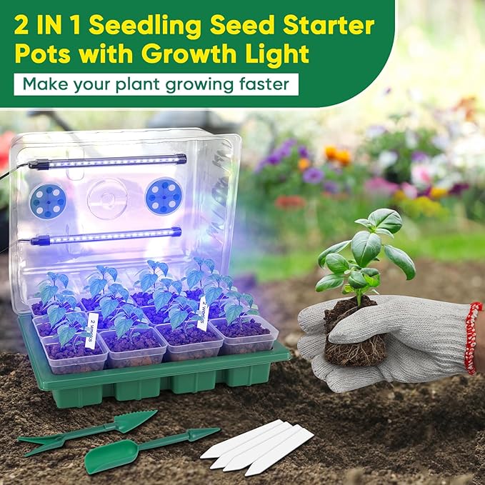 BlumWay Seed Starter Tray with Grow Light24 Pack 2.9 inch Reuseable Clear Nursery Pots with Silicone Base/Humidity Dome for Deep-Rooted SeedlingsAdjustable Timed Light Plant Starter Set