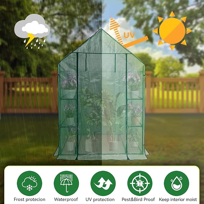 Heyfurni Walk in Greenhouse with ShelvesWalk-in Plant Green House with Durable Green PE Cover 3 Tiers 6 Shelves Stands with Ground Pegs &amp Ropes for Stability 56x28x76
