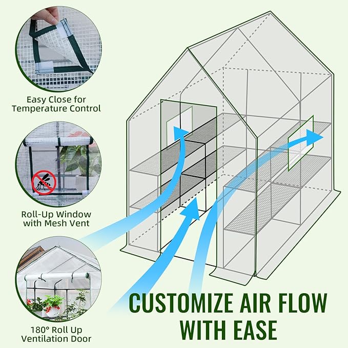 Greengro Greenhouse 57 x 57 x 76'' Greenhouses for Outdoors Portable Greenhouse Kit with Mesh Side Windows PE Cover 8 Shelves Heavy Duty Walk in Green House for Backyard Garden Indoor Outside