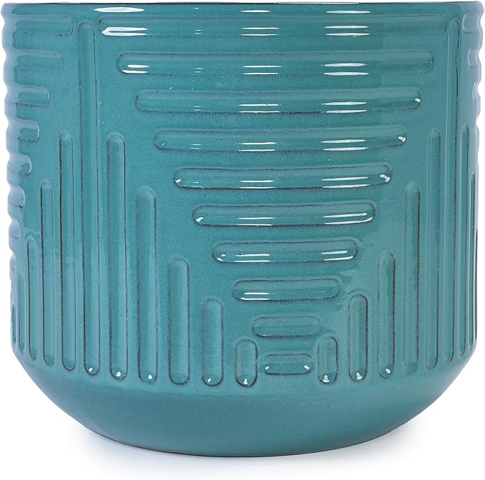 Handmade Ceramic Planter 16 Inch Diameter Teal Green with Textured Groove Pattern for Monstera and Fiddle Leaf Fig IndoorOutdoor Doorway Use Breathable Clay