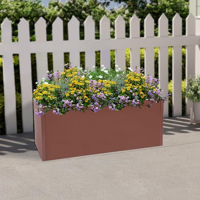 Metal Raised Garden Bed Modern Rectangular Planter Flower Box for Indoor Outdoor Balconies Gardens Decks Patios Decks Front Porches 38 * 15 * 15 in (Brown)