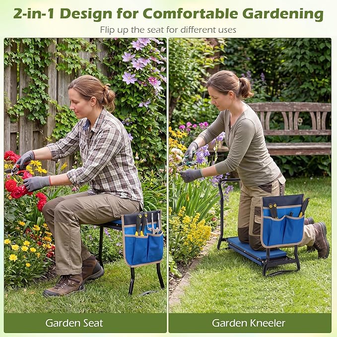 Goplus Garden Kneeler and Seat Heavy-Duty Garden Bench w/Large Tool Pouch Widen EVA Foam Kneeling Pad Portable Gardening Helper for Women Men Seniors Foldable Garden Stool for Kneeling &amp Sitti