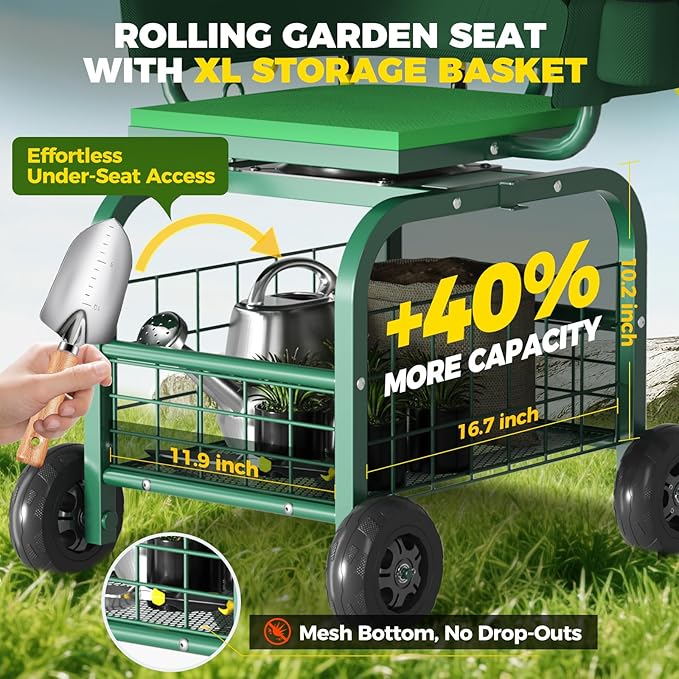 Suntee Garden Seat with Wheels Rolling Gardening Stool with 360° Swivel Seat &amp BackrestTool Storage Basket &amp Back Tool Pouch Adjustable Handle Outdoor Gardening Scooter Garden Cart for Se