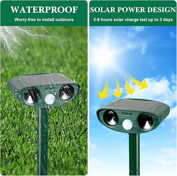 Ultrasonic Animal Repeller Outdoor Solar Ultrasonic Repellent Animal Deterrent with Motion Sensor Waterproof Deterrent Scarer Repel Cat Dog Squirrel Raccoon Skunk Rats (Green4 Pack)
