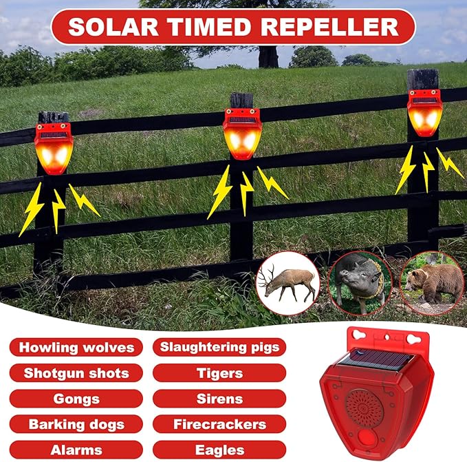 Qualirey 6 Pcs Night Solar Outdoor Motion Sensor Alarm Nocturnal Animal Repeller Outdoor 130dB Sound Alarm Siren Loud Noisemaker 3 Modes for Deer Raccoon Chicken Coop Home Yard Farm Garden