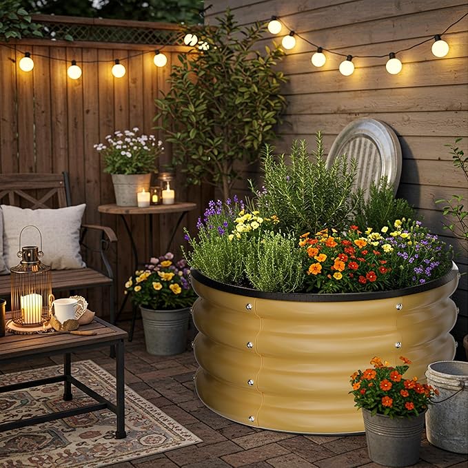 ZXZYHFTY Round Galvanized Raised Garden Bed kitYellow Outdoor Garden Raised Planter Box Round Large Metal Raised Garden Beds for Vegetable 2 * 2 * 1ft 3 Pcs