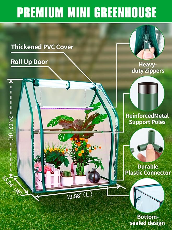 Mini Green House with Grow Light Mini Greenhouse Indoor 15W Full Spectrum Plant Lights &amp Timer for Seed Starter Tray Indoor Outdoor Plants 24x16x20