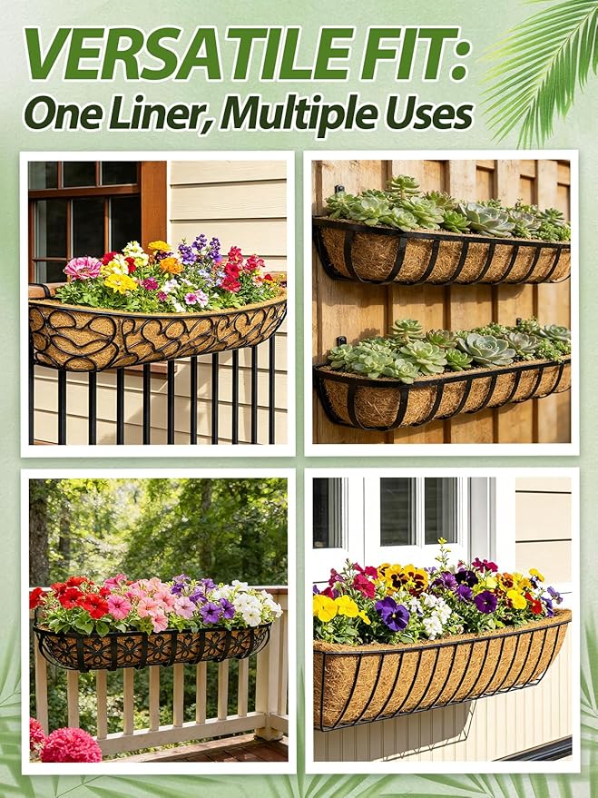 48in Arched Coco Liners for Window Planter Box - 4 Pack 100% Natural Coconut Coir Fiber Liner Replacement for Deck Flower Box Garden Railing Fence Trough Wall Planter Basket