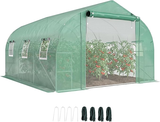 Outsunny 10'x11'x6' Walk-in Tunnel Greenhouse with Shelves Mesh Door and Windows Plant Hot House with PE Cover Outdoor Green House for Patio Lawn Garden Green