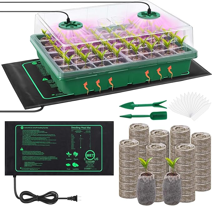 Seed Starter Kit with Grow Light Seedling Heat Mat 48 Cells Seed Starter Tray with Humidity Dome and Base Germination Trays Plastic Growing Trays Plant Propagation Kit for Seed Starting Green