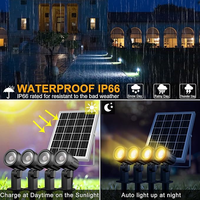 MEIKEE Solar Spot Lights Outdoor 4-in-1 Solar Landscape Lights 4W/6V IP66 Waterproof 2700K/4000K/6500K Outdoor Landscape Spotlights with Remote for Garden Yard Driveway