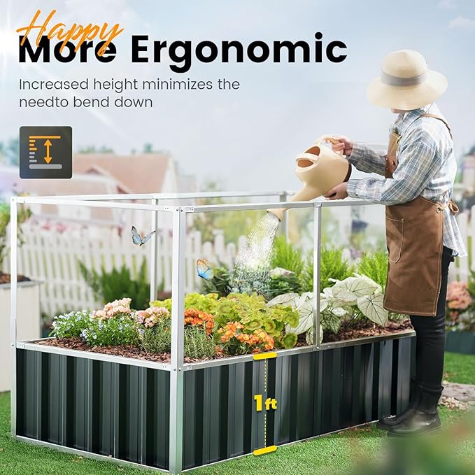 KING BIRD Raised Garden Bed with Garden Anti-Bird Protection Netting Structure Galvanized Steel Metal Planter Kit Box with 2 Pairs of Gloves Dark Grey 68 x 36 x 34.6