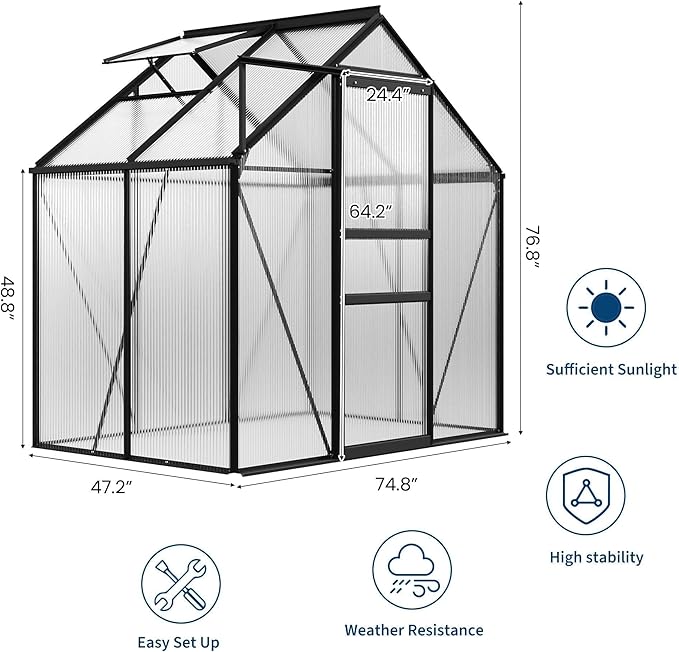 6x4FT Greenhouse for Outdoors Walk-in Polycarbonate Greenhouse with Sliding Door Adjustable Roof Vent &amp Gutter System Portable Outdoor Green House Kit for Winter Gardening