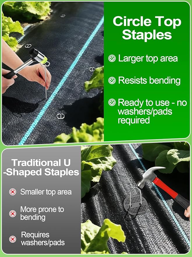 6 Inch Landscape Staples with Hook &amp Hammer - 200pcs Circle Top Weed Barrier Stakes Kit 9 Gauge Galvanized Rust-Resistant Garden Fabric Pins for SOD Garden Edging Install &amp Remove Tools In
