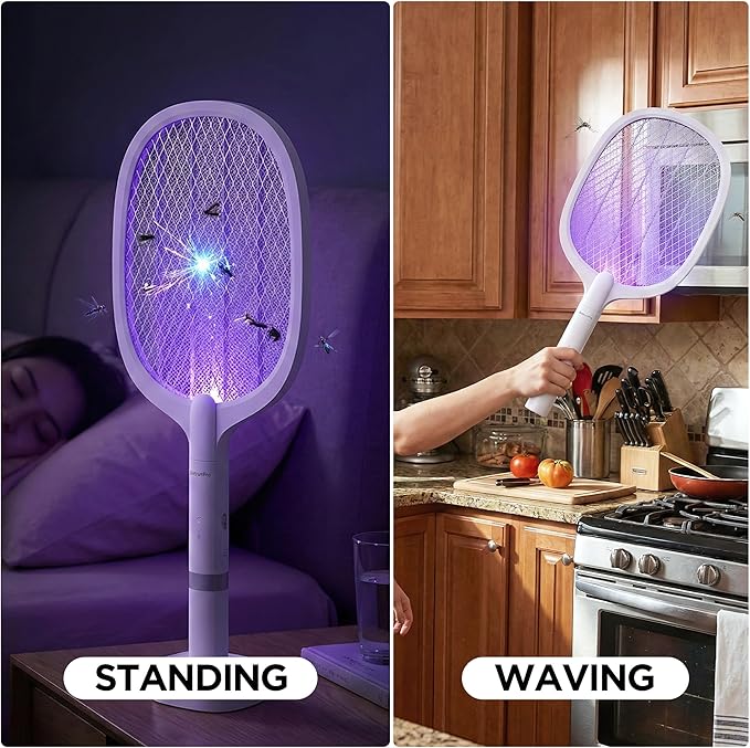 Fly Swatter Electric(2 Pack) USB-C Rechargeable Electric Mosquito Racket Portable Handheld Cordless Electric Bug Zapper Indoor Racket to Kill Mosquitoes Wasps Gnats Flies Bugs with Stand