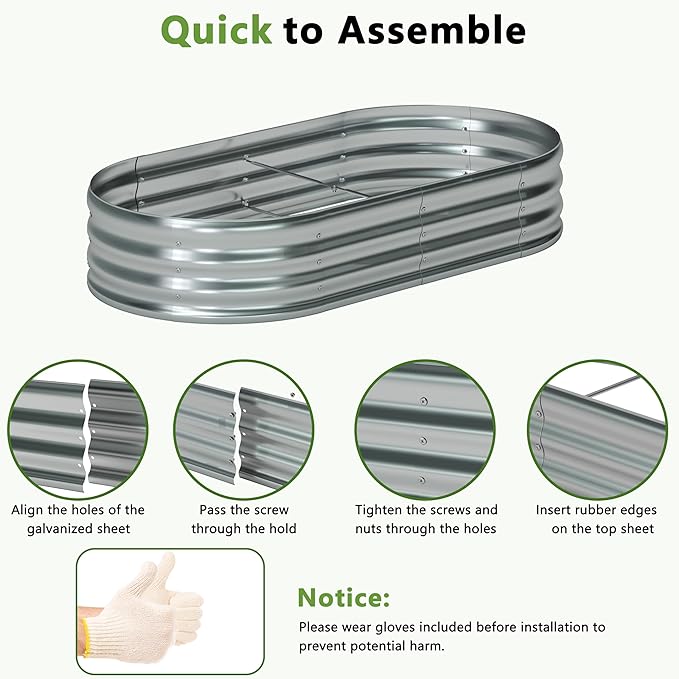 8x4x1ft(2 Pack) Galvanized Oval Raised Garden BedOutdoor Planter Box Metal Patio Kit Planting Bed for Vegetables Flowers HerbSilver