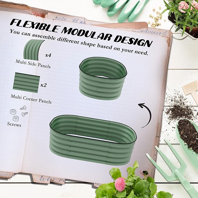 3.4' x 2' x 1' Galvanized Raised Garden Bed Kit Outdoor Metal Elevated Planter Box with Safety Edging Easy DIY Stock Tank for Growing Flowers Herbs Vegetables Green