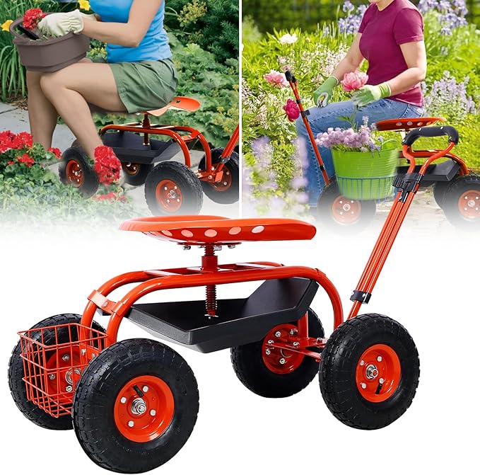 Donext Garden Cart Outdoor Rolling Garden with Wheels 360 Degree Swivel Seat Wagon Scooter with Steering Handle &amp Utility Tool Tray Red