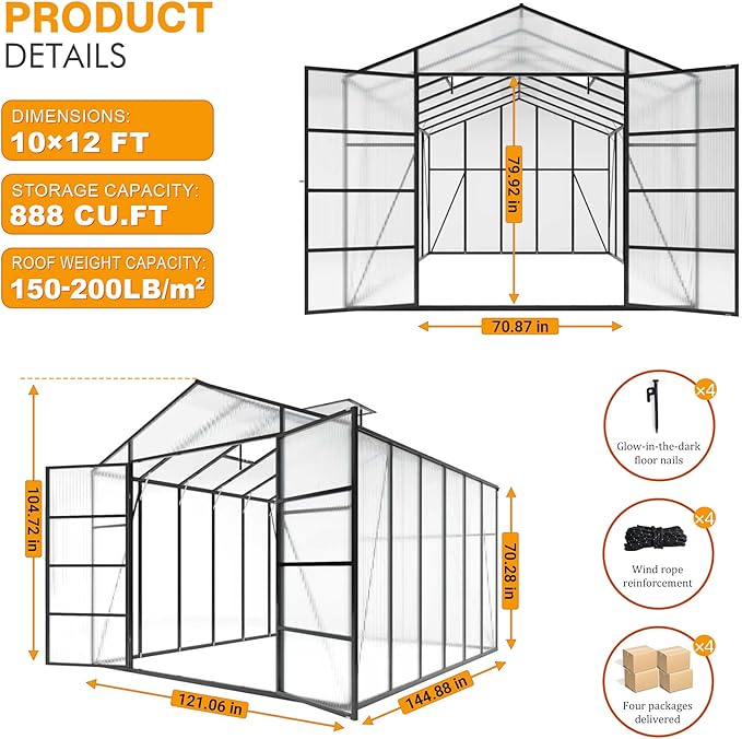 104in High 10x12FT Greenhouse for Outdoors Polycarbonate Greenhouses with Stronger Wind Protection and Roof Vent Walk-in Large Aluminum Winter-Proof Sunroom Black