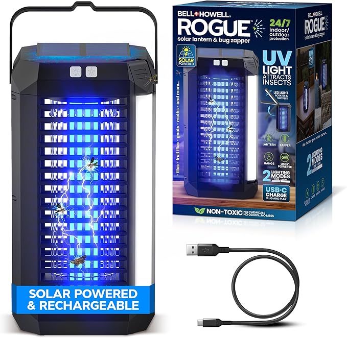 Rogue 2 in 1 Solar Bug Zapper Outdoor and Bug Zapper Indoor Plug in for Mosquito Fly Solar Powered &amp USB-C Rechargeable Camping Lantern LED Flash Light High Voltage Trap Safe for Pets &amp K